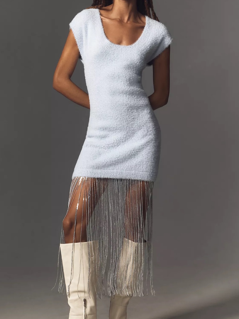 By Anthropologie Fringe-Trim Sweater Dress xs soft women’s violet purple